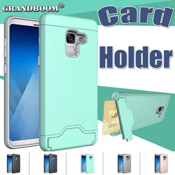 

1000pcs Card Slot Dual Layer Brushed Shockproof Case For Samsung A8 Plus 2018 A3 A5 A7 J3 J5 J7 2018 Hard PC+TPU Kickstand Cover