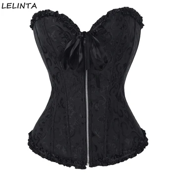 

LELINTA Women's Black Floral Lace Up Waist Trim Satin Overbust Trainer Corset Zipper Slimming Top Plus Size S-6XL Corselet