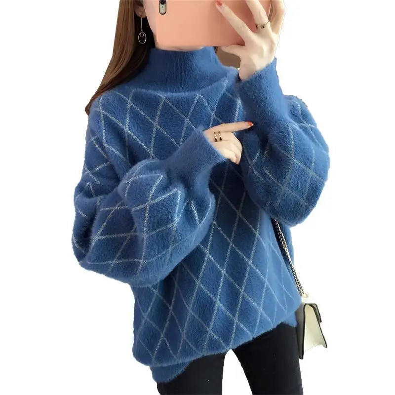 Женский осенне-зимний пуловер с воротником под горло из искусственного норка и кашемира, Женский утепленный клетчатый свитер, женский джемпер, топы V446