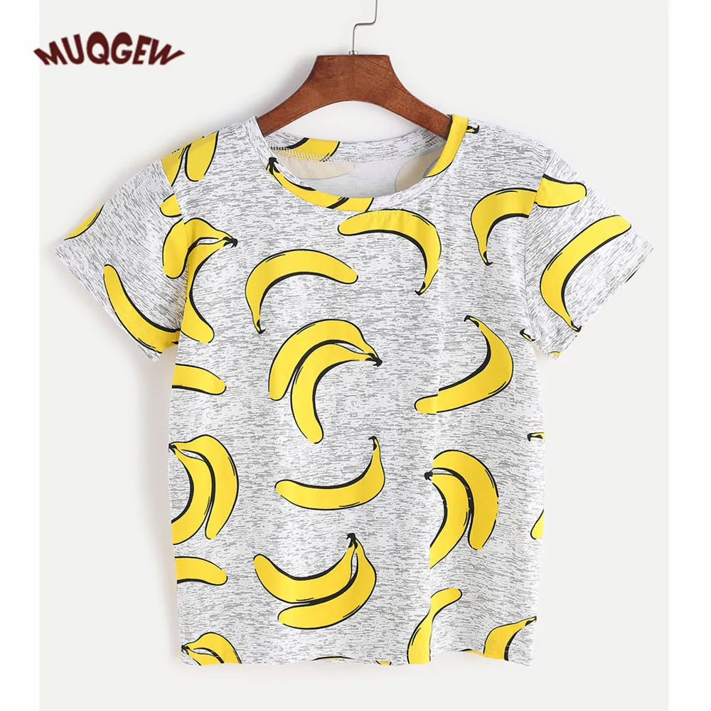 Женская летняя футболка с коротким рукавом, модная футболка с принтом банана, серый хлопок, Свободный Топ для отдыха, женская рубашка# FI