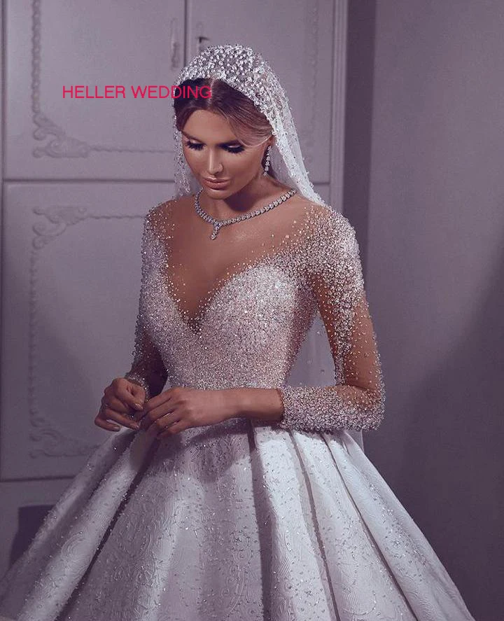 

Luxury Arabic Wedding Dress 2019 Illusion Neck Beading Ball Gown Wedding Dress Long Sleeve Bridal Dress