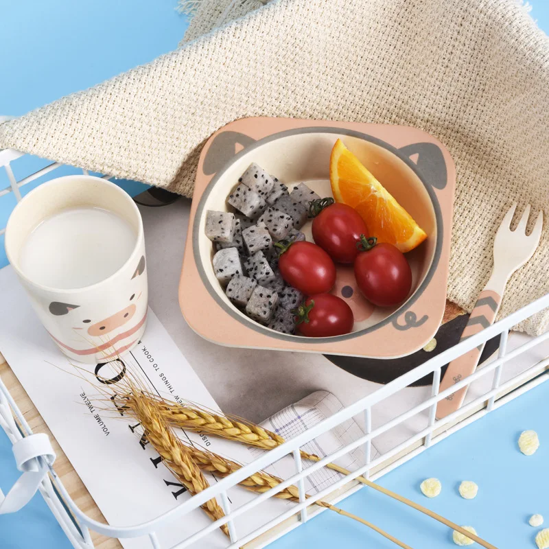 

Ceramic Children's Cutlery Set Creative Cartoon Bowl Plate Spoon Fork Cup Green Health Five-piece Gift Tableware