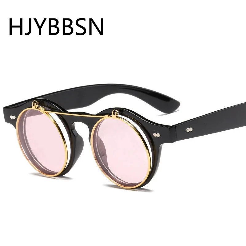 HJYBBSN, стимпанк, солнцезащитные очки, мужские, Роскошные, брендовые, дизайнерские, с двойными откидными линзами, Ретро стиль, круглые, солнцезащитные очки, винтажные, механические, Oculos de sol