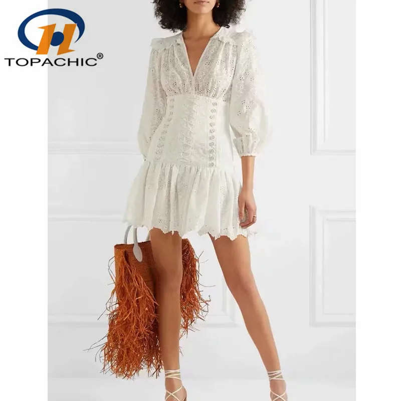 

7.2 Summer quality fashion Beach Style female Solid Hollow Out Lace Patchwork V-Neck Three Quarter sleeve A-Line mini dress