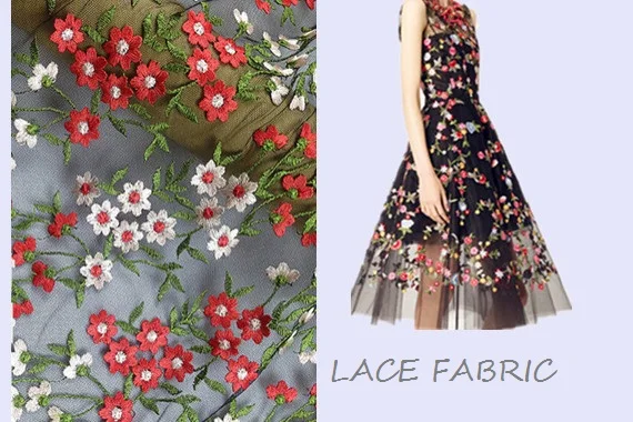 

5 yards black mesh lace fabric with colorful daisy flowers, ivory and red small flower with green leaves mesh fabric, ws1038