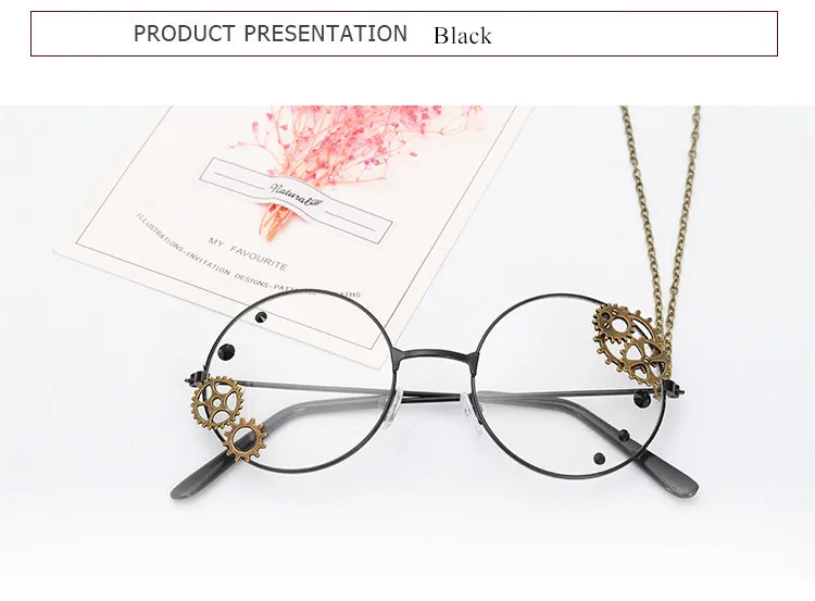 Cosplay&ware Oulylan Round Glasses Frames Women Vintage Metal Eyeglasses Ladies Cosplay Lolita Gears Chain Decoration Spectacle Frame -Zentai shop online