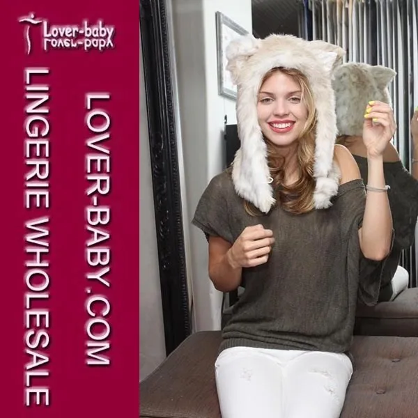 Women Faux Fur Half Short Animal Hats Animal Ears Hoodie With Tail Winter Hat TY910