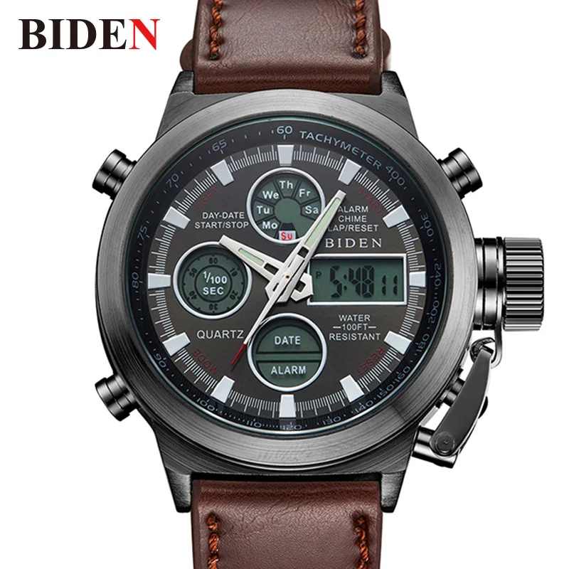 

Watches Men Luxury Brand BIDEN Quartz Watch Unique Leather Male Clock Waterproof Business Men's Watch Date Alarm erkek kol saati