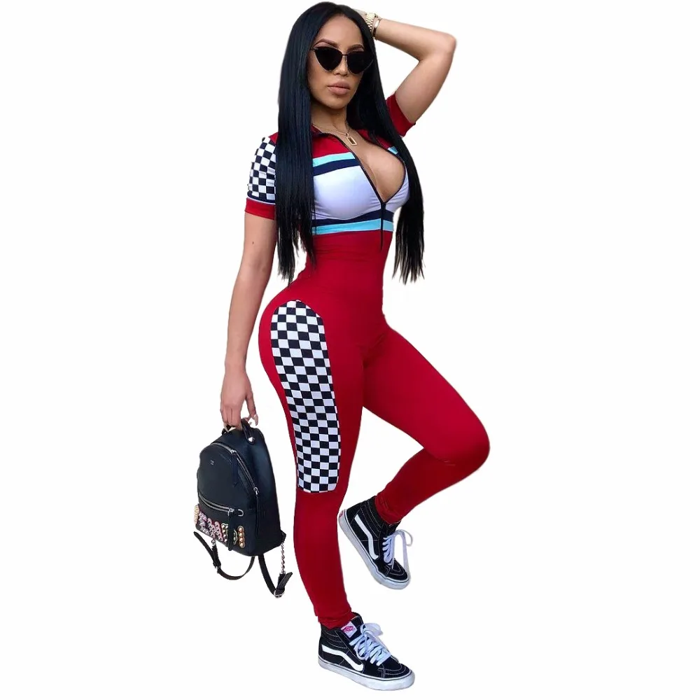 

Plaid Print Female Jumpsuit Short Sleeves Rompers Sexy Tight Women Bodysuit Overalls Fashion Zipper Jumpsuit Sportswear Playsuit