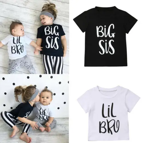 Летняя повседневная одежда для всей семьи, футболка с буквенным принтом, хлопковые топы для мальчиков и девочек с надписью «Big Sister and Littler Brother», популярный простой стиль