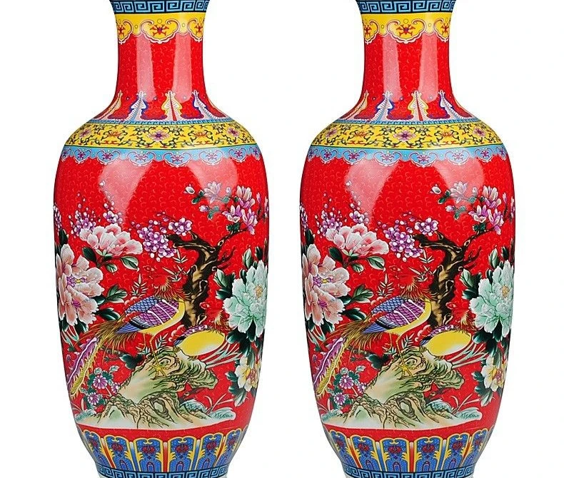 

China Jingdezhen Enamel Wucai Porcelain Phoenix Rooster Plum Bottle Jar Pot Vase