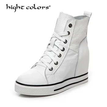 

hight colors 2019 Autumn Shoes Women Ankle Boots Genuine Leather Height Increasing Lace Up Cowhide Woman Boots A08-17