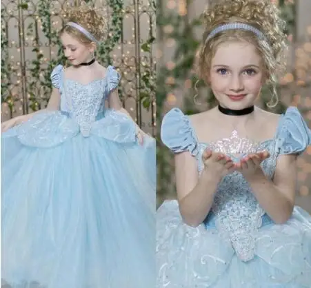 

Unique Style Sky Blue Princess Dress Short Sleeves Sparkly Sequins Custom Made Flower Girl Dress For Wedding Kids Pageant Gowns