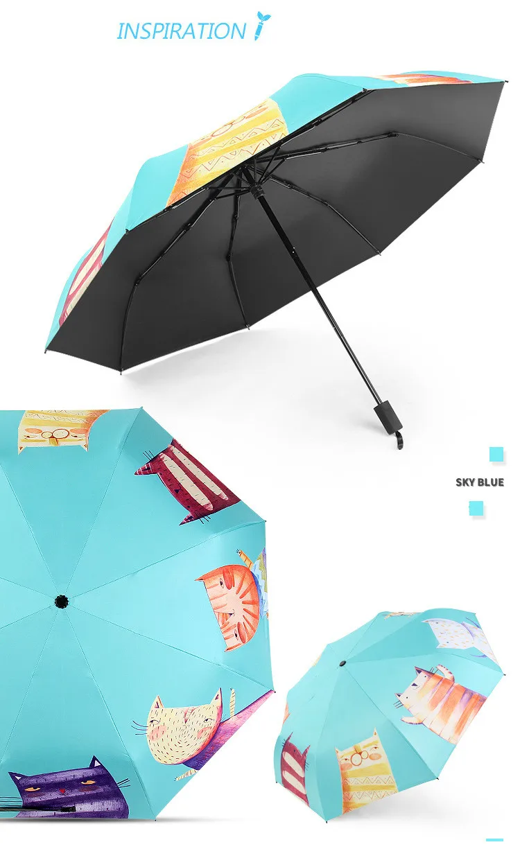 Милый Зонт с защитой от УФ-лучей и рисунком кота, ручная роспись, ветронепроницаемый, три складных кармана, зонты от дождя, Женский Карманный Детский зонтик, подарок для девочки, RG031