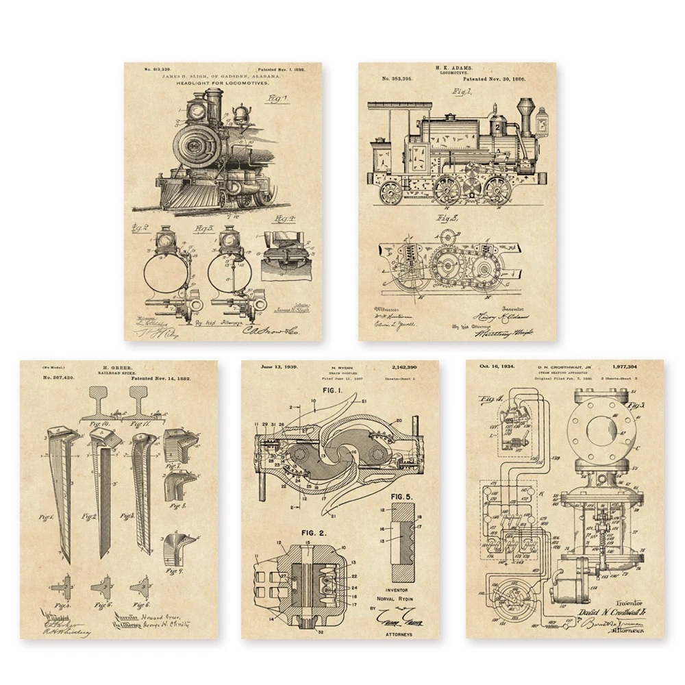 

Vintage train patent art locomotive steam engine coupler poster 5 in 1 Train sketch up Nursery Wall Art classic train art