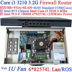 1U сети маршрутизатор брандмауэра ПК, barebone с 6 Gigabit 82583 В LAN Intel Core i3 3210 3.2 ГГц wayos pfsense ROS