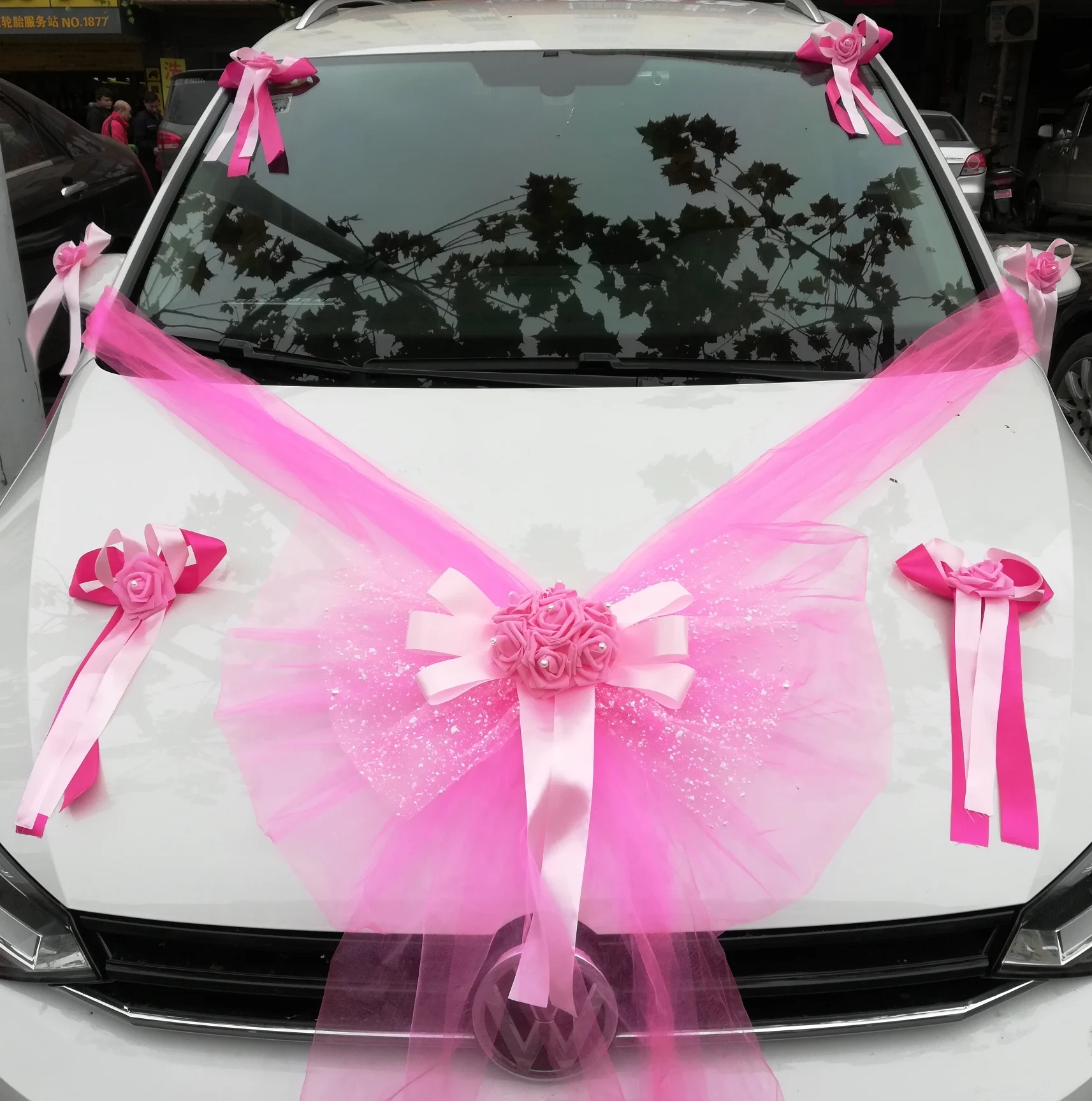 Искусственный цветок, свадебные автомобильные декоративные цветы с бантом, шелковые цветы, венок, искусственные розы, Свадебные Центральные элементы - Цвет: Розовый