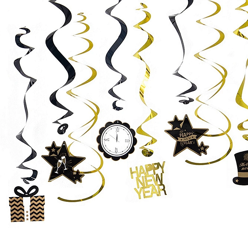 

New Year's Hanging Swirl Decorations Cheers Clock Foil Whirls Gold Black Hanging Home Christmas Decorations 2019 New Arrival