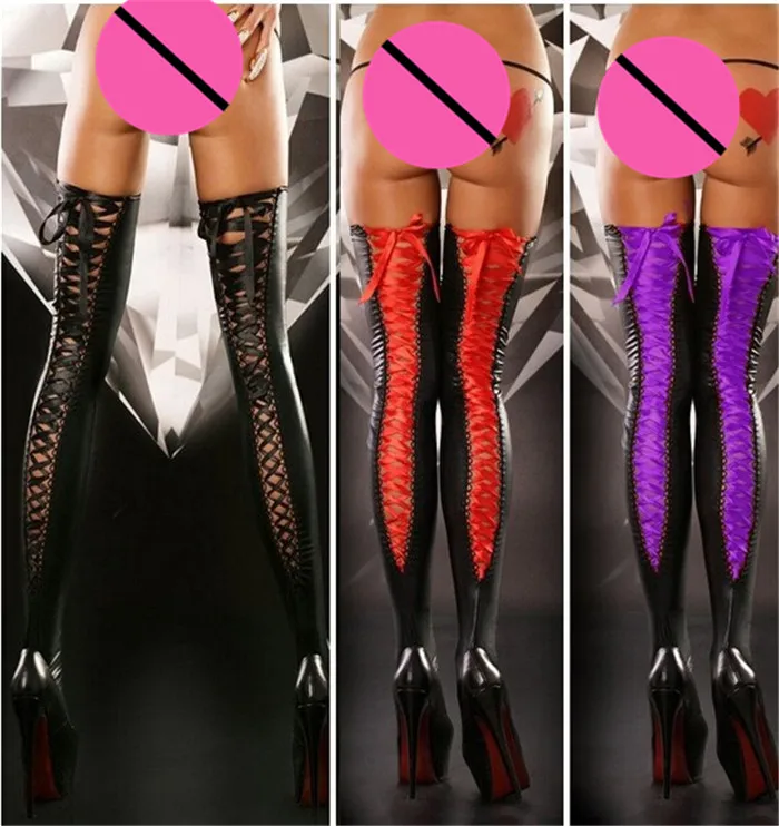 

Sexy Stockings Black Leather Latex Long Lace Bandage Fishnet Pole Dancing Club Medias Thigh High Erotic Stockings YZ49