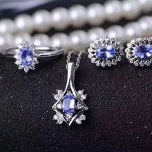 Натуральный Синий танзанит Ювелирные наборы драгоценных камней натуральный драгоценный камень Кулон Кольцо Серьги 925 Серебро Круглый Диана женские вечерние ювелирные изделия
