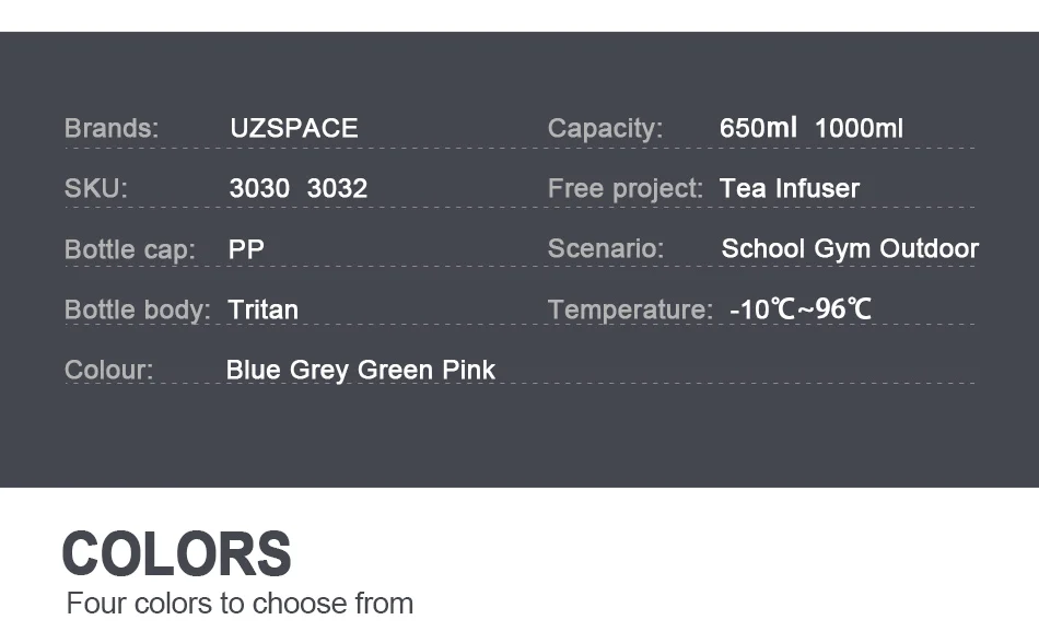 UZSPACE 650/1000 мл, Спортивная бутылка для воды, для взрослых, портативная, герметичная, для школы, спортзала, тура, моя пластиковая бутылка для напитков, для воды, Тритан, BPA бесплатно