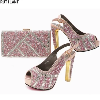 

African Matching Shoes and Bags Italian In Women High Quality Wedding Shoes and Bag Set Decorated with Rhinestone Shoes with Bag