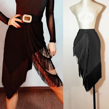 

Latin Dance Skirt Ladies Black Sexy Split Tassel Skirts Women Rumba Cha Cha Samba Dancing Clothes Practice Performance DN3571
