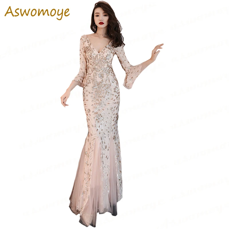 

Gorgeous Appliques Sequins Mermaid Evening Dresses 2018 Haute Couture Sexy V-Neck Party Dress vestido de festa