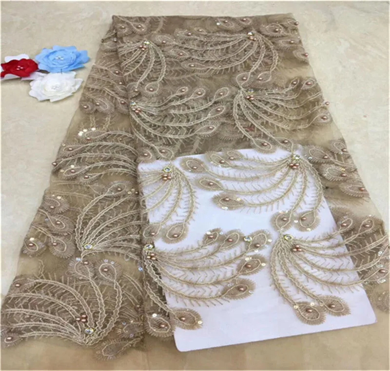 Sequins Net 3d Lace Fabric 2019 High Quality African Mesh Wedding Bride Dress Sewing beads stones Embroidered Material gold pink | Дом и сад