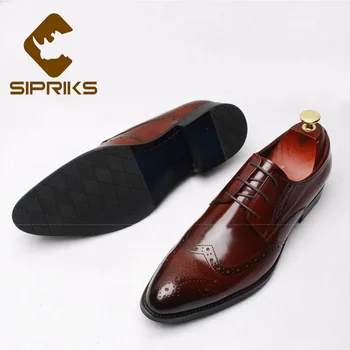

Sipriks Retro Burgundy Cow Leather Brogue Shoes Elegant Black Wingtip Dress Shoes Men'S Formal Tuxedo Gents Suit Rubber Shoes 44