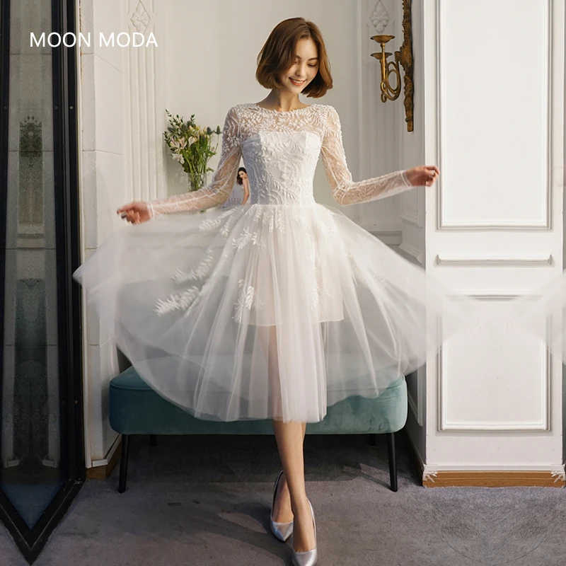 

MOON MODA fashion Short Wedding Dress 2019 A-Line Long sleeve and Knee Length Beach Wedding Dresses with Lace vestido de noiva
