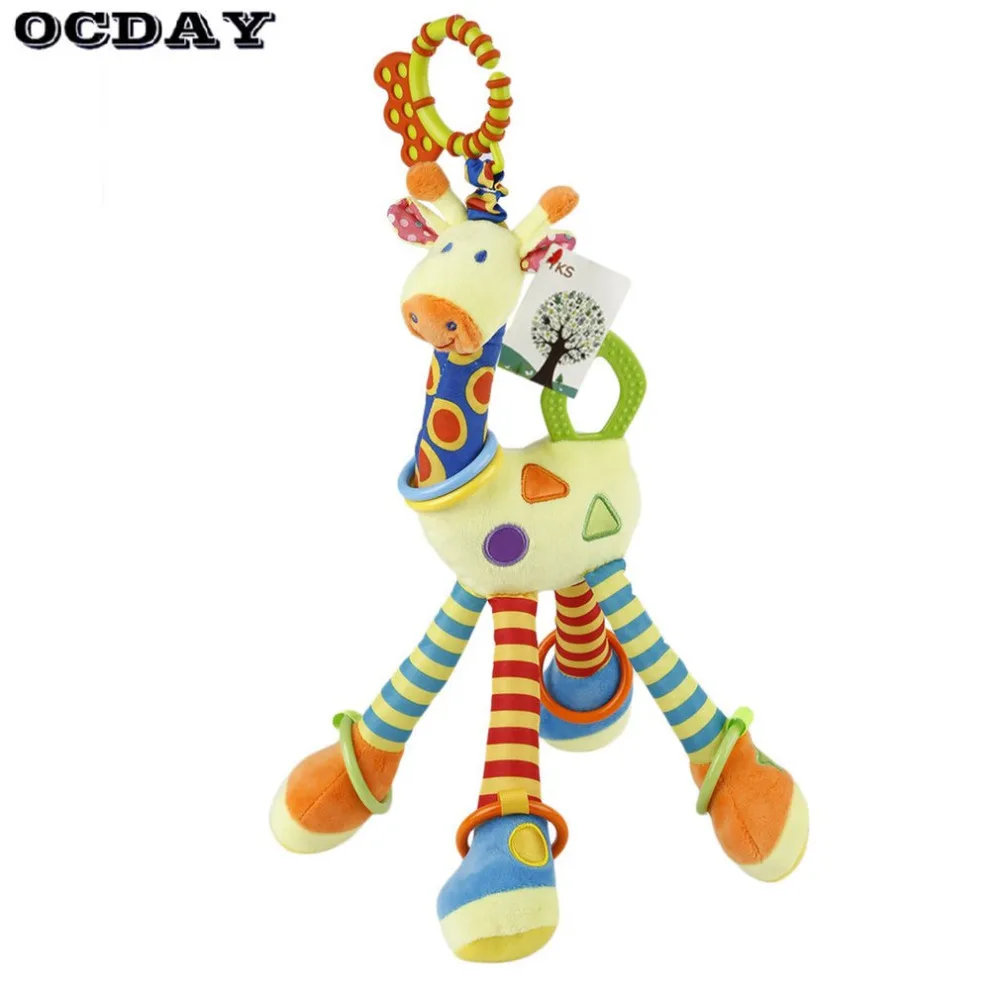 

OCDAY Plush Infant Baby Development Soft Giraffe Animal Handbells Rattles Handle Toys Hot Selling WIth Teether Baby Toy