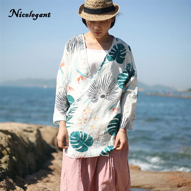 Nicelegant Coat Women Fashion 2018 Casual Open Stitch Loose Long Sleeve Tie Cool Sun Protection Linen Summer Print Trench Female | Женская