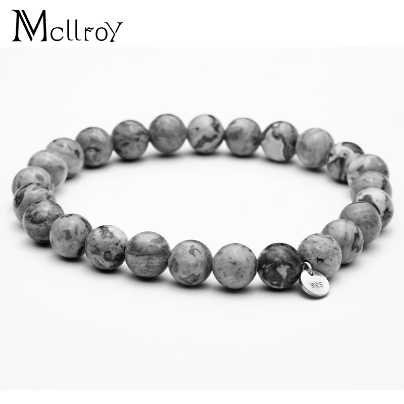 Мужской браслет Mcllroy Круглый с подвеской из натурального камня серый 8 мм|natural stone