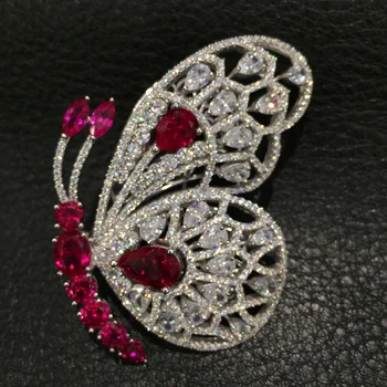 

Red white Butterfly Brooch 925 sterling silver with cubic zircon top quality Romantic Fine women jewelry
