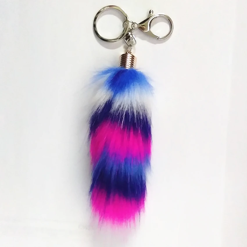 

12pcs/lot Handmade Color Matching Faux Raccoon fur Tail Keychain Irregular Color Combinations Pendant