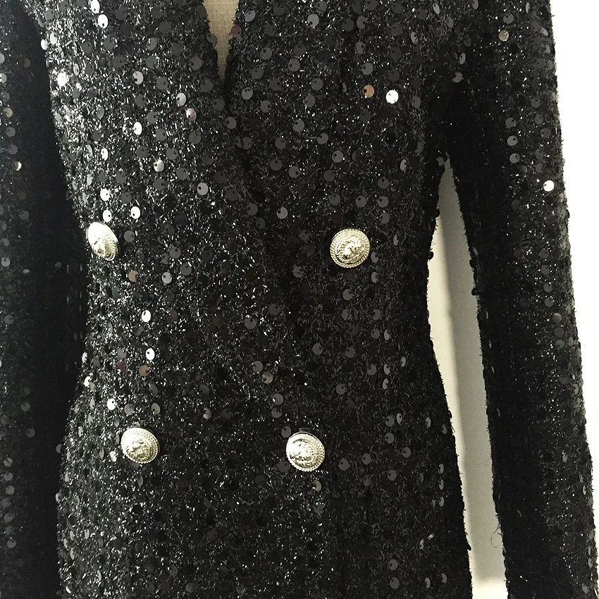 2019 European American Star Blast Outer Skirt Double Row Lion Buckle Bright Silk Shiny Beads Medium Long Suit Black Jackets Coat 2019 European American Star Blast Outer Skirt Double Row Lion Buckle Bright Silk Shiny Beads Medium Long Suit Black Jackets Coat
