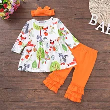 Топы с рисунком лисы для маленьких девочек; платье с рюшами; штаны; комплект одежды для детей; одежда для детей; костюм для сна; детская одежда