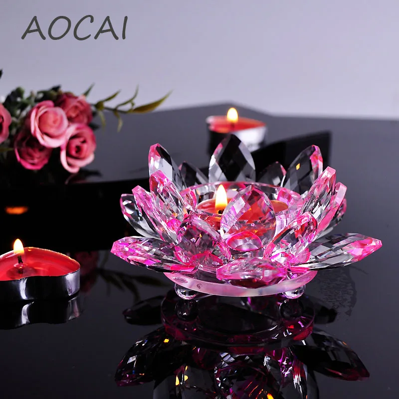 Pink Crystal Glass Lotus Flower Candle Holders wedding columns