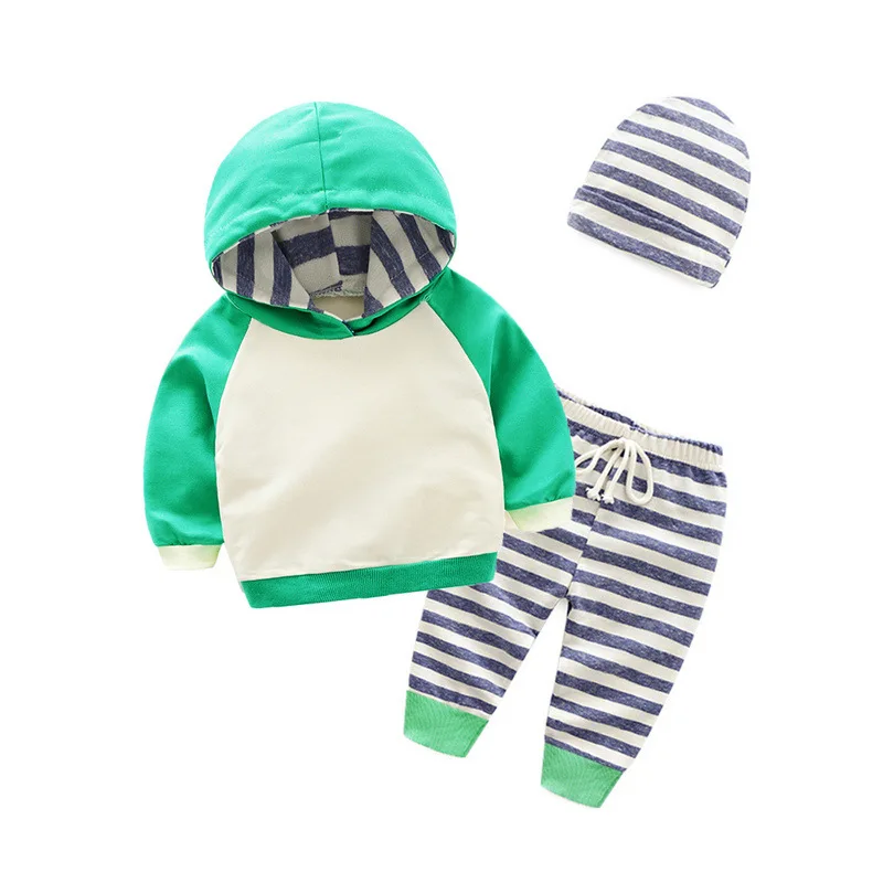 Осенняя одежда для новорожденных мальчиков и девочек, топы с капюшоном в полоску с длинными рукавами+ штаны+ шапочка, комплект из 3 предметов, очень милая одежда для малышей