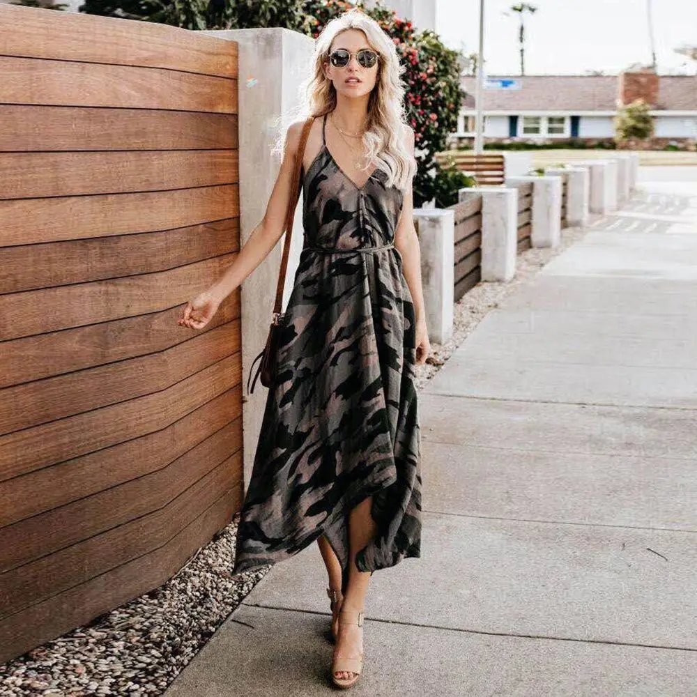 

2019 New Summer Fashion Women Sexy Strap Backless Dress Casual Camouflage Military V-Neck Print Midi Long Dresses