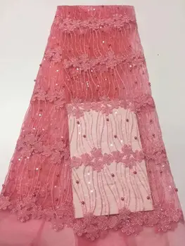 

Pink high quality French Nigerian beads sequins net lace,African tulle mesh sequence lace fabric for party dress 5yards/lot