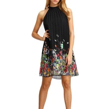 New Womens Floral Print Mini Dress 2017 Summer Round Neck Sleeveless Casual Clothing Cut Away Shift