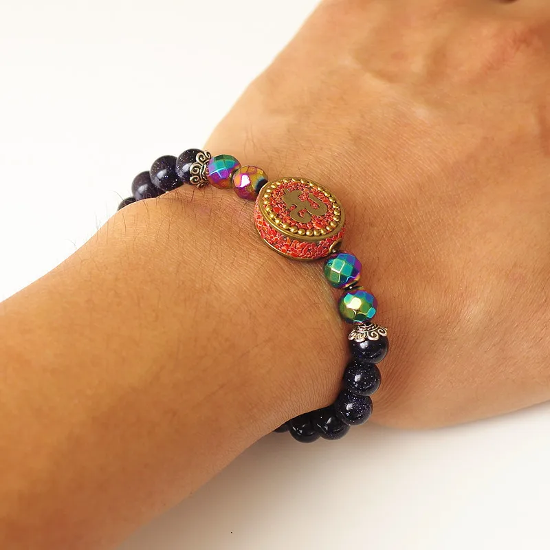 

8mm Blue Sand Stone Beads Strand Charm Mala Women Bracelet Lucky Prayer Tibetan Buddhist Scripture Chakra OM Mala Bracelet