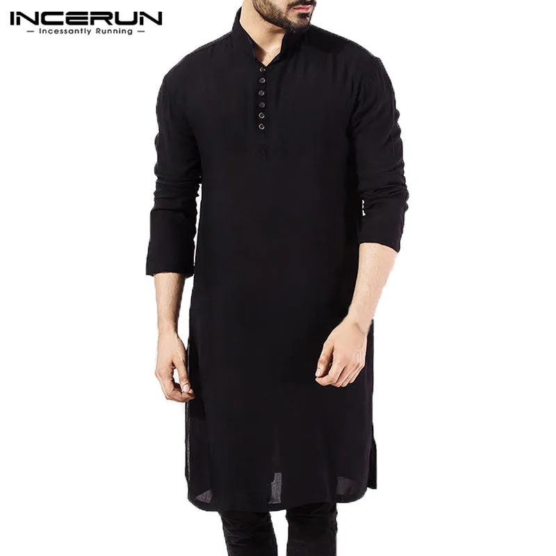 Брендовая Базовая Мужская рубашка с длинным рукавом, мусульманская одежда, сорочка, элегантный кафтан, халат, Пакистанская мужская одежда S-5XL - Цвет: Black