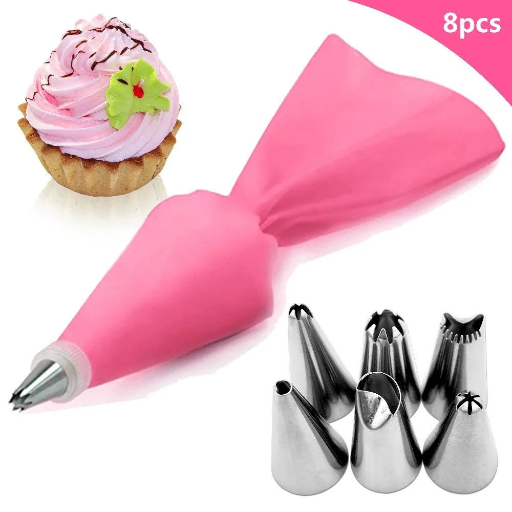 

8pcs/set Silicone Icing Piping Cream Pastry Bag Dessert Decorators With 6Pcs Stainless Steel Nozzle Set DIY Cake Decorating Tips