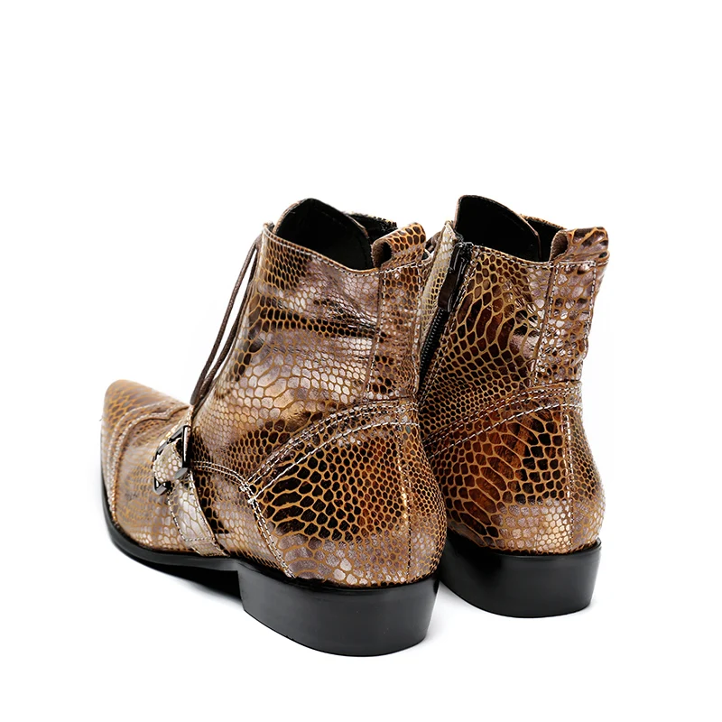 Christia Bella/модные мужские ботинки из натуральной кожи со змеиным узором; цвет золотой; мужские ботильоны с острым носком; Роскошные мотоботы на шнуровке