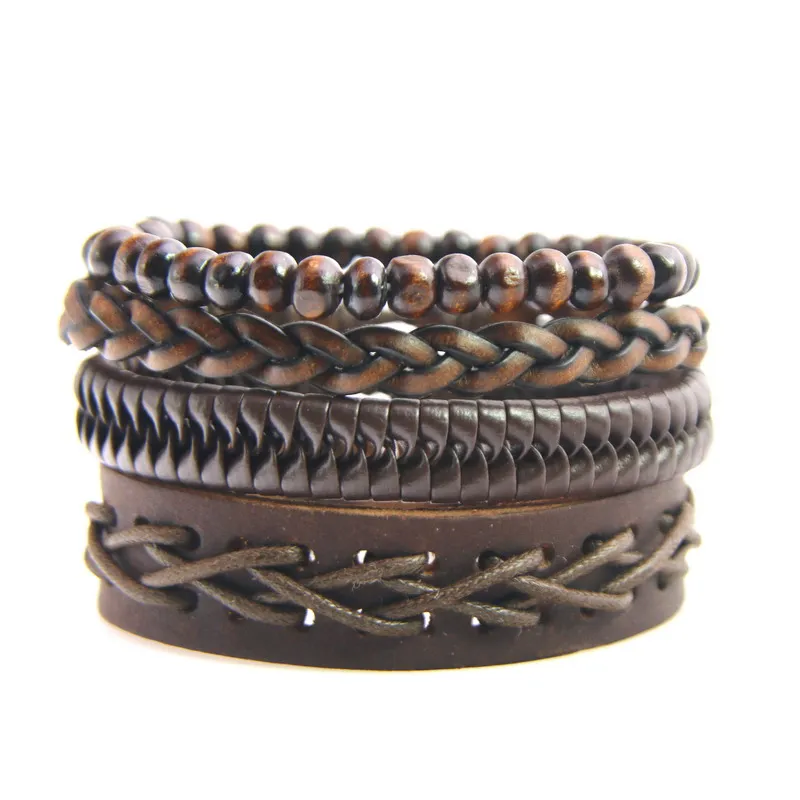 

New Arrivals! 4pcs/Set Rock Brown Wristband Genuine Leather Bracelet Men Hand Jewelry Male Punk Vintage Braided Braclet Women