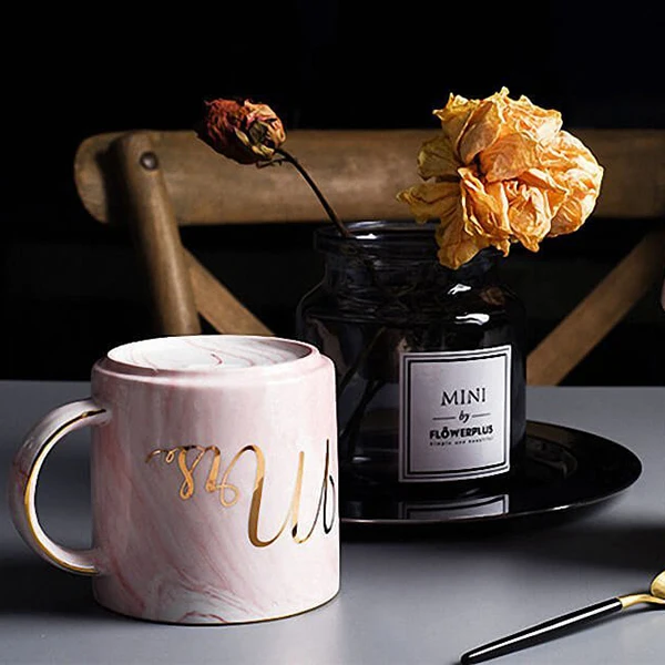 NOCM Marble Ceramic Mugs Gold Plating Couple Lover's Gift Morning Mug Milk Coffee Tea Breakfast Creative Porcelain Cup