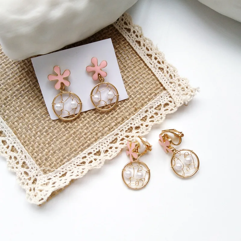 

Geometric Fishnet Pearl Clip Earrings Without Piercing Round Net Pink Flower Sakura Clip on Earrings Non Pierced Ear